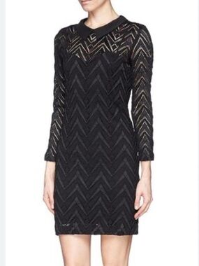 Sandro Lace Collar Dress Black Chevron Long Sleeve Mini Size Small